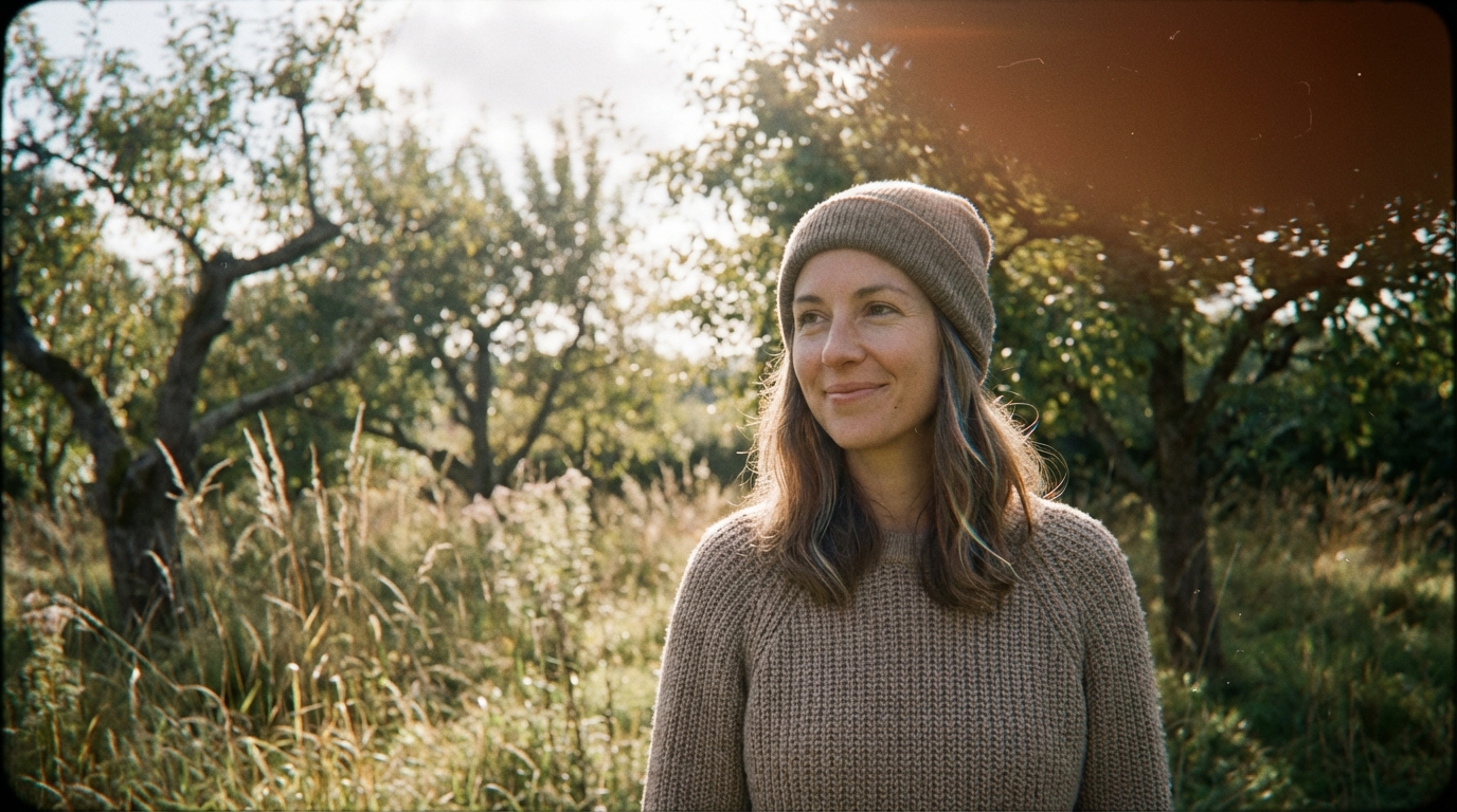 Woman in a beanie and knit sweater in a sunlit orchard with a warm orange light leak washing the top corner and a soft vignette at the frame edges