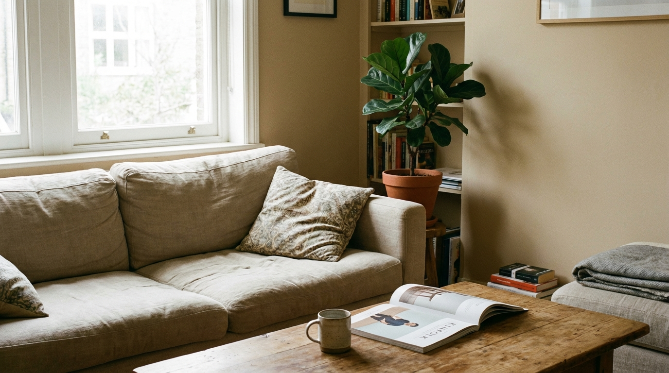 Daylit living room with a linen sofa, mismatched cushions, an open magazine and a mug on a wooden coffee table
