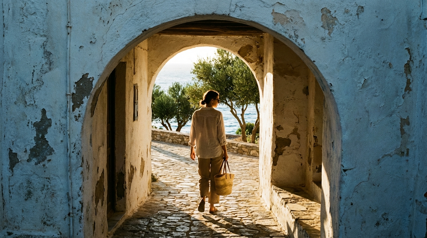 Woman with a straw basket walking through a whitewashed stone archway toward a sunlit sea view