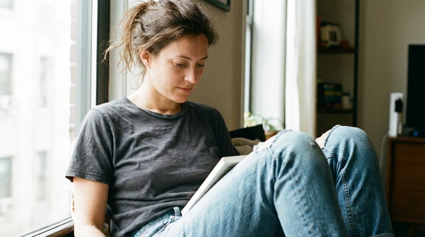 Woman reading by a window in a worn cotton tee and faded jeans with natural folds and a softened collar
