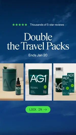 Testimonial ad with a five-star review line above an offer headline, product triptych and green CTA button