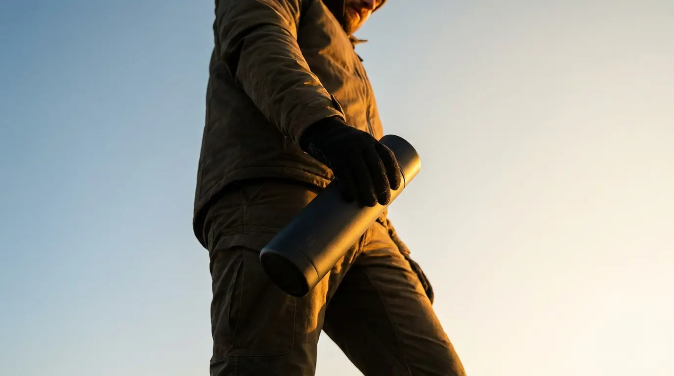 Man photographed from below against a sunset sky, holding a thermos so it towers in frame