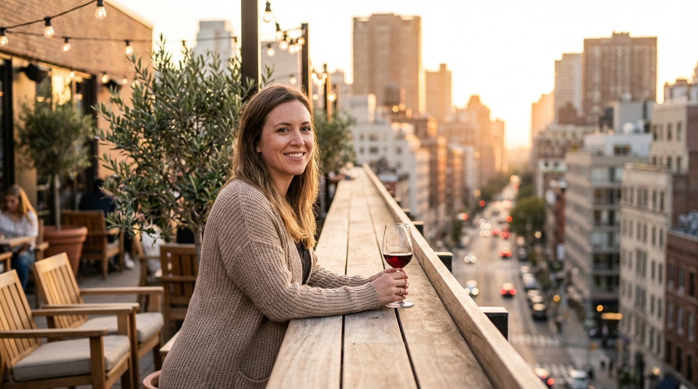 Smiling woman with a glass of red wine leaning on a wooden rooftop bar rail with a golden city skyline and string lights behind