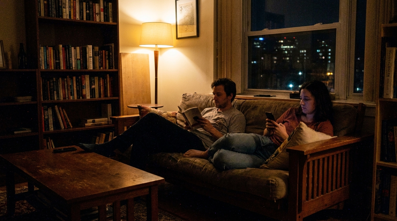 Couple relaxing on a couch at night in a dim room with visible digital luminance noise clustering in the shadow areas
