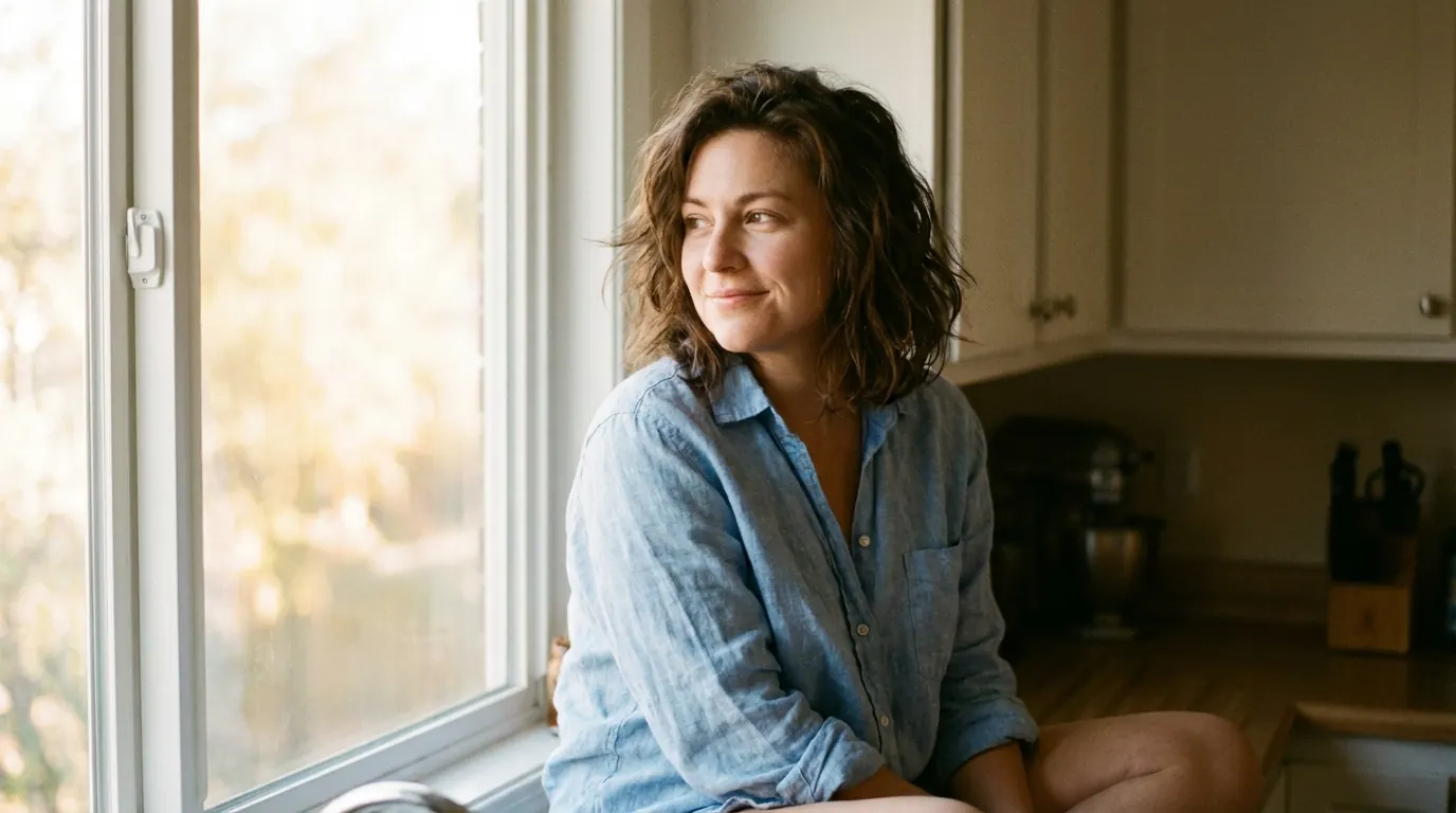 Woman with everyday natural proportions in a blue linen shirt sitting by a kitchen window