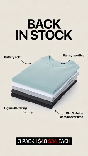 cream-background ad with a stack of three folded t-shirts, four curved arrow callouts and a black price bar