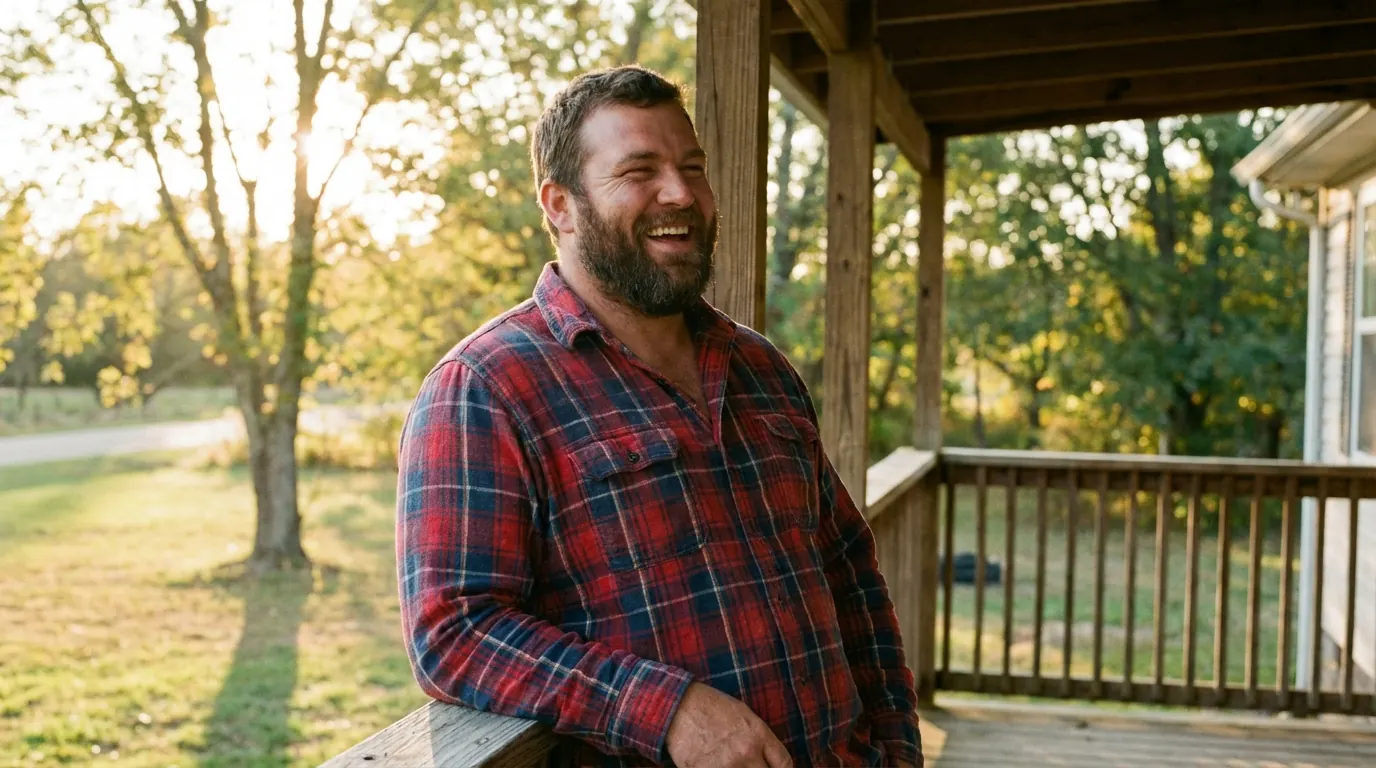Broad-framed bearded man in a plaid flannel shirt laughing on a porch at golden hour