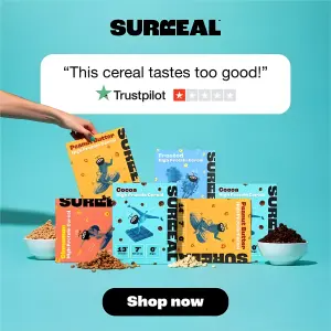 Testimonial ad using an ironic one-star Trustpilot banner above a stack of cereal boxes and a hand reaching in
