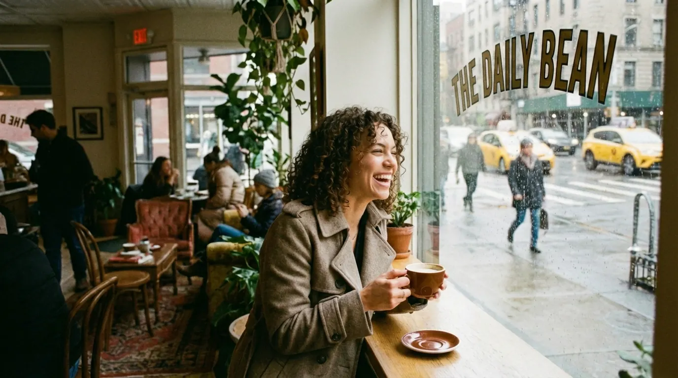 Woman laughing at a café window bar shot ultra-wide, showing the full room, other patrons and a rainy street with taxis