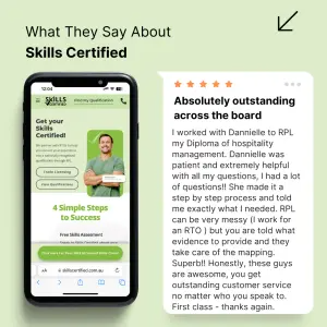 Testimonial ad pairing a phone mockup of a course website with a long five-star narrative review card