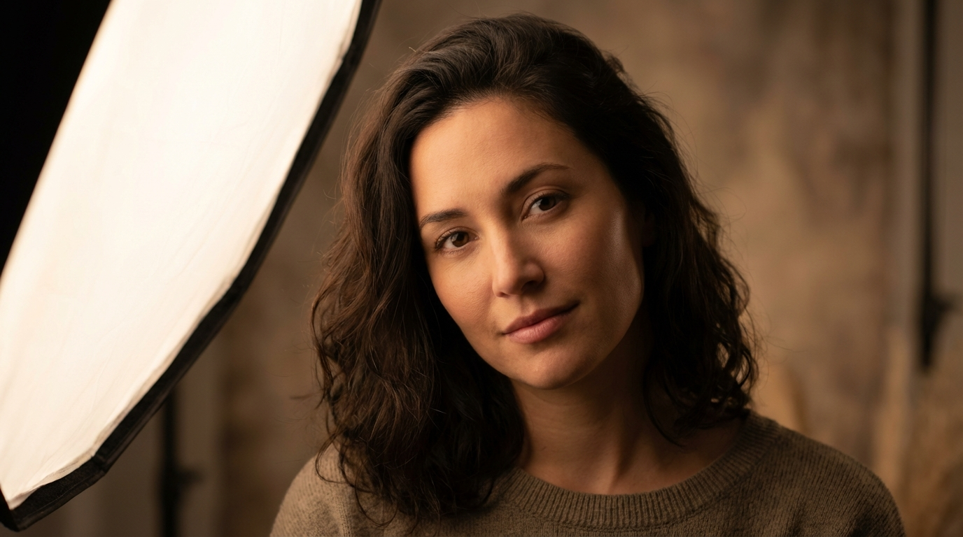 Woman lit by a large softbox at frame left with an imperceptible fade from lit to shadow across her face
