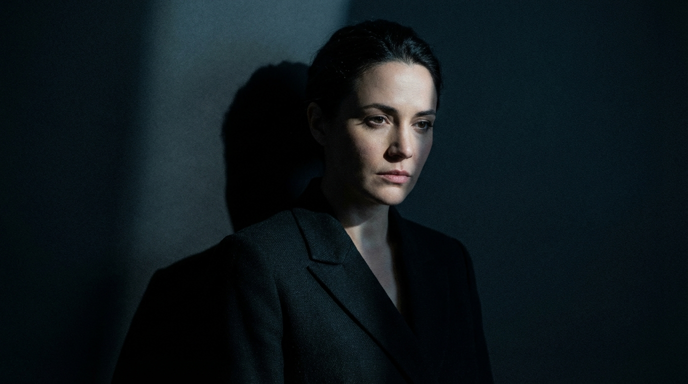 Woman in a dark blazer against a wall, with a hard cast shadow behind her, deep near-black shadows and no ambient glow