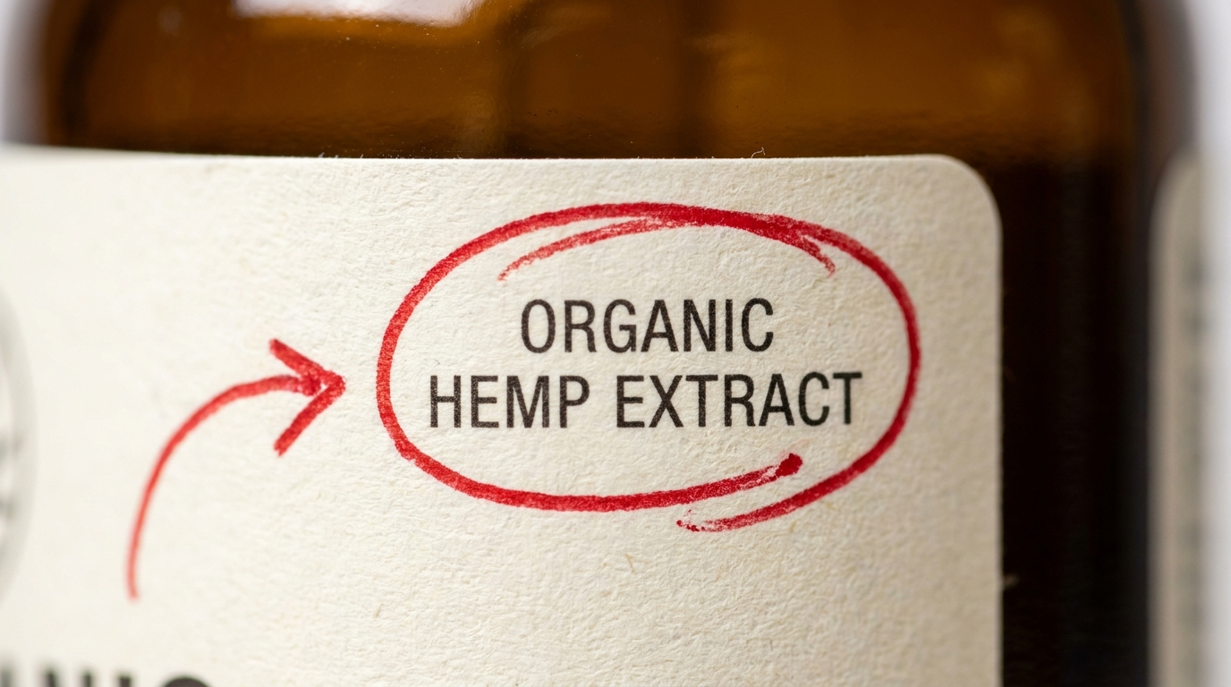Close-up of a bottle label reading 'ORGANIC HEMP EXTRACT' with a wobbly red hand-drawn circle and an arrow pointing at it