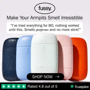 Five vibrant Fussy deodorant containers covered in water droplets under the headline 'Make Your Armpits Smell Irresistible'