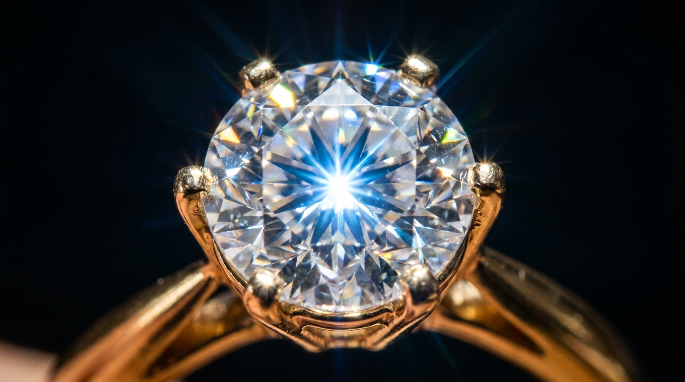 Macro of a brilliant cut diamond in a warm gold prong setting with sharp faceted star sparkle and prong shadows on the stone