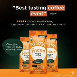 Coffee testimonial ad with a quote headline, five stars and volume metrics above three bags of ground coffee
