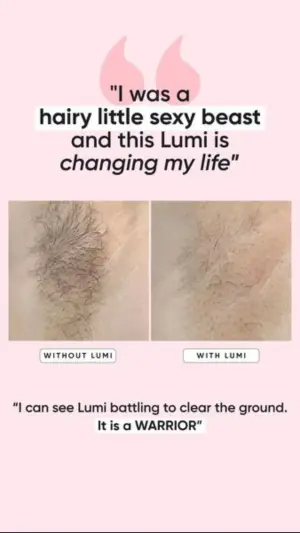 before-after ad with pink quote marks over a macro skin comparison labelled without and with the device