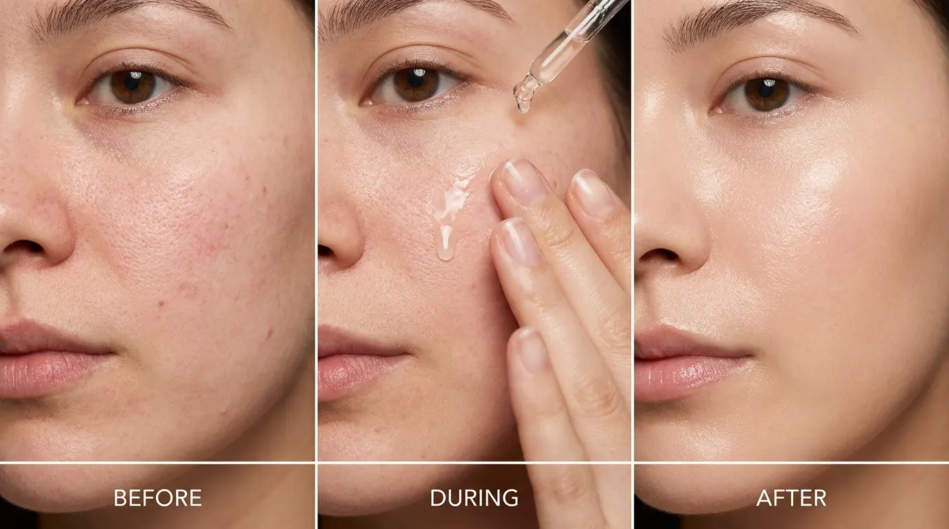 Three-panel horizontal strip labelled before, during and after a serum application