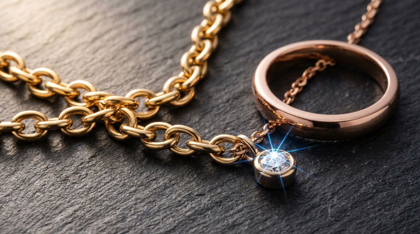 Gold chain, rose gold ring and a diamond pendant on dark slate, each metal reflecting light in its own way