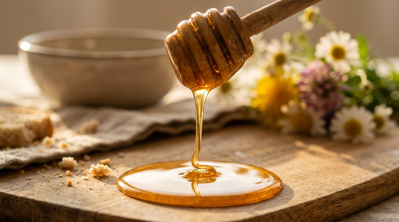 Backlit honey dipper drizzling a thin amber thread into a glossy pool on a wooden board