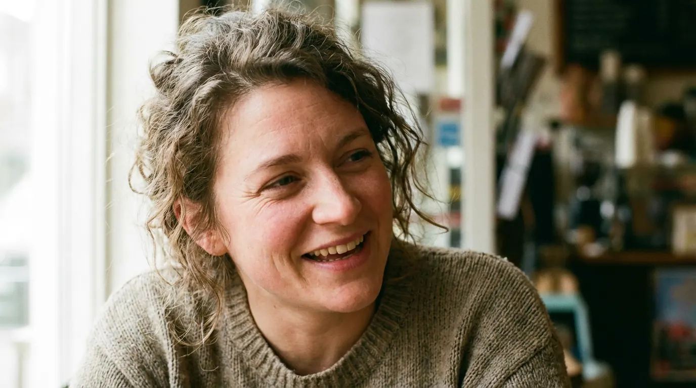 AI portrait combining a candid mid-smile, asymmetry and visible expression marks in window light