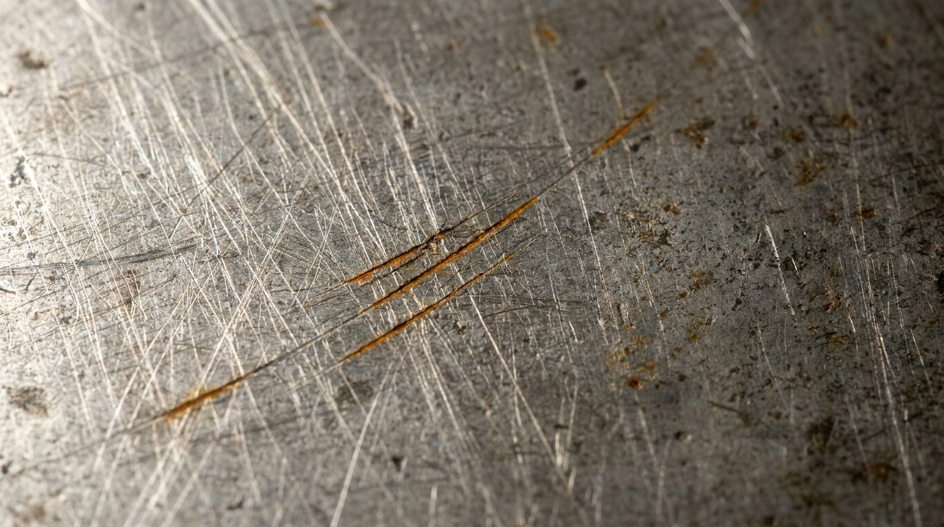Macro shot of a scratched steel surface with fine multidirectional scuffs and orange rust forming along a deep gouge