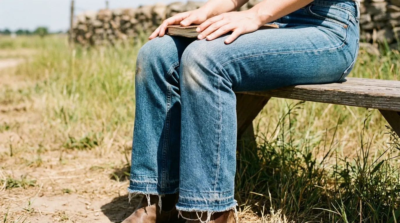 Person seated on a wooden bench in worn jeans showing twill weave and fade lines at knee and thigh