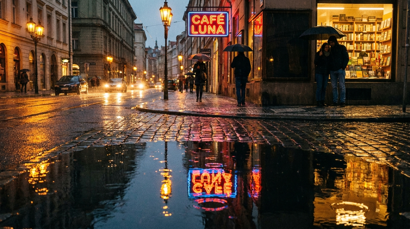 Wet cobblestone street at night with a neon cafe sign mirrored in a large puddle