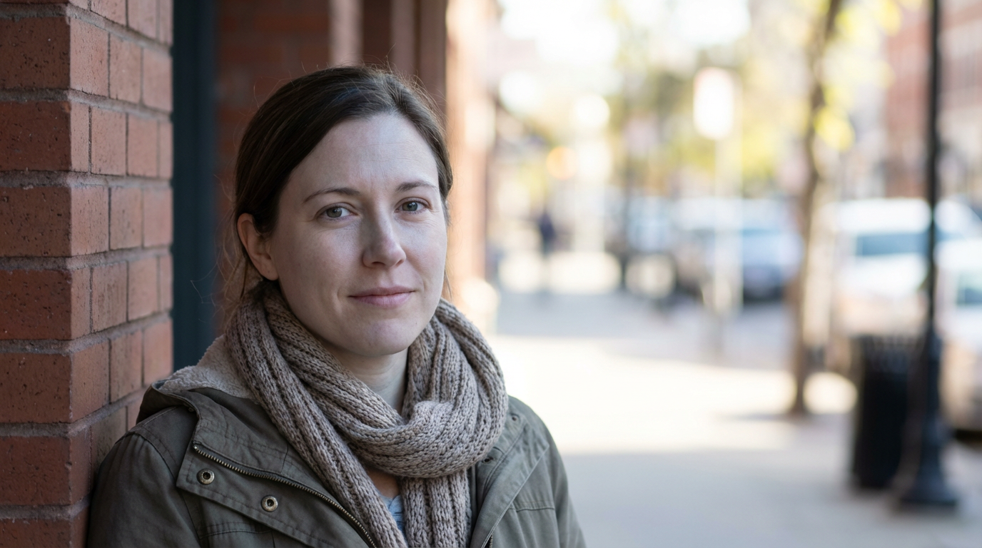 Woman in a scarf leaning against a brick wall in shade with a sunlit city street blurred behind her