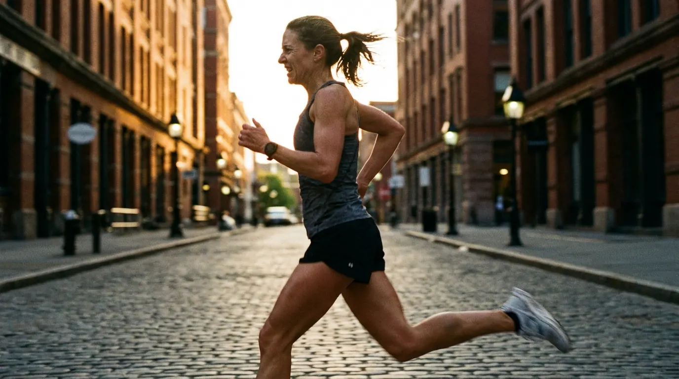 Woman running mid-stride down a cobblestone street at golden hour with motion blur behind her