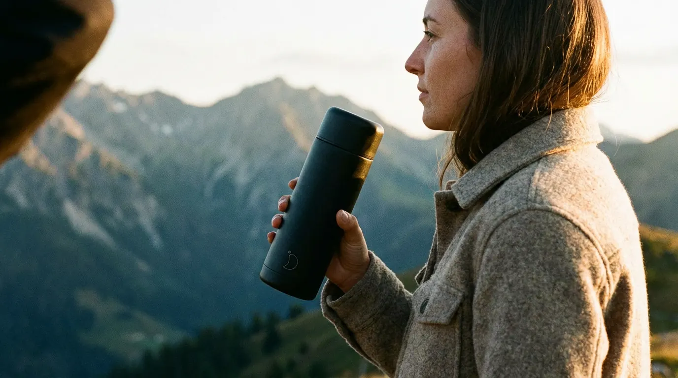 Side profile of a woman in a wool coat holding a matte-black thermos, mountain range in golden evening light behind her