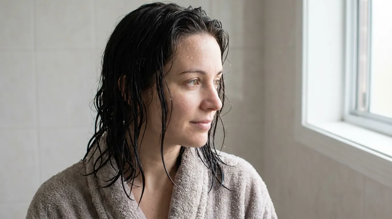 AI portrait of a woman in a bathrobe with damp, sectioned hair and water droplets near the hairline