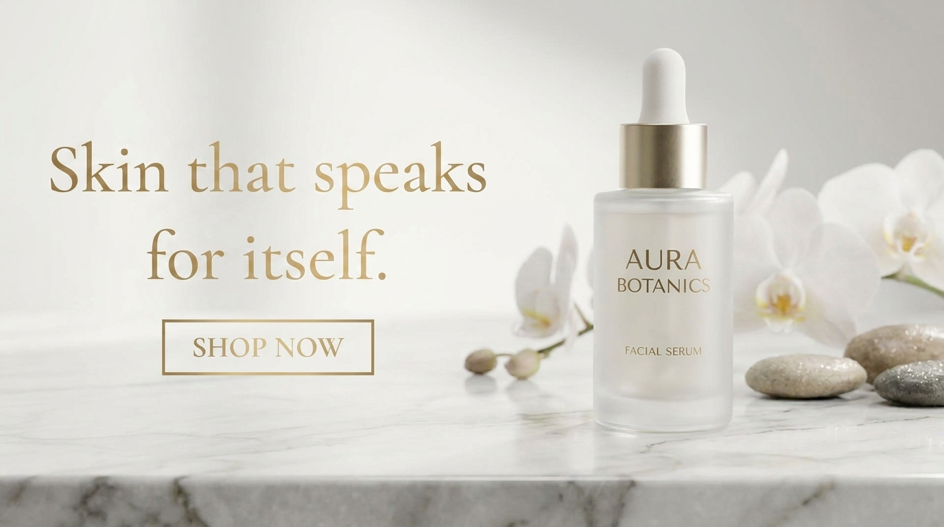 Skincare ad with the headline 'Skin that speaks for itself.' and a 'SHOP NOW' button rendered legibly beside a frosted serum bottle