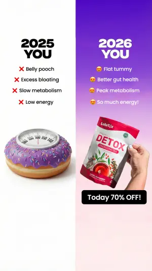 split-screen ad with a donut shaped like a bathroom scale beside a detox pouch, red problem list versus green benefit list