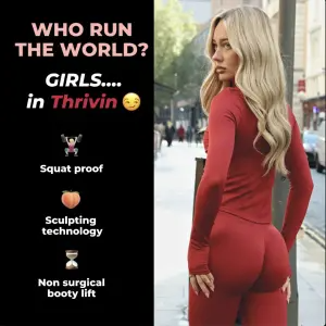 Split-screen ad with an emoji-led feature list beside a lifestyle photo of red athletic wear