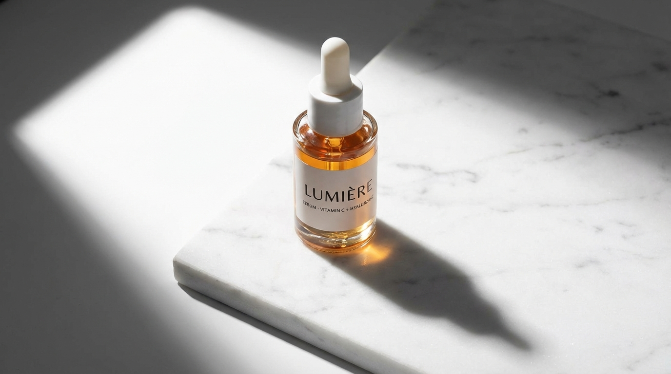 Amber serum bottle on marble casting a long directional shadow that matches the window light