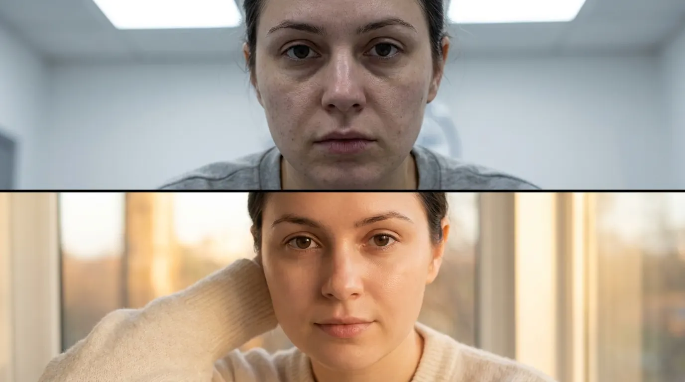 Skincare ad using a hard horizontal split: tired face on top, refreshed face below