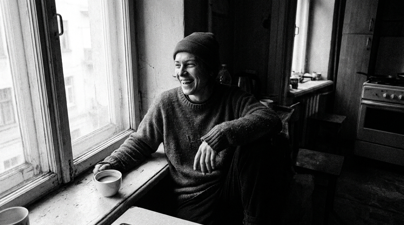 Black and white portrait of a woman laughing by a window with silvery grain structure most visible in the mid-grey tones