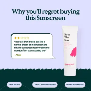 Testimonial ad with a speech-bubble review pointing at a sunscreen tube under a negative-framing headline
