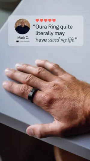 Testimonial ad with a frosted-glass review card quoting a smart ring customer over a close-up of the ring on a hand