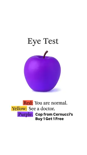 funny ugly ad styled as a medical eye test with a purple apple and a color key that hides the offer