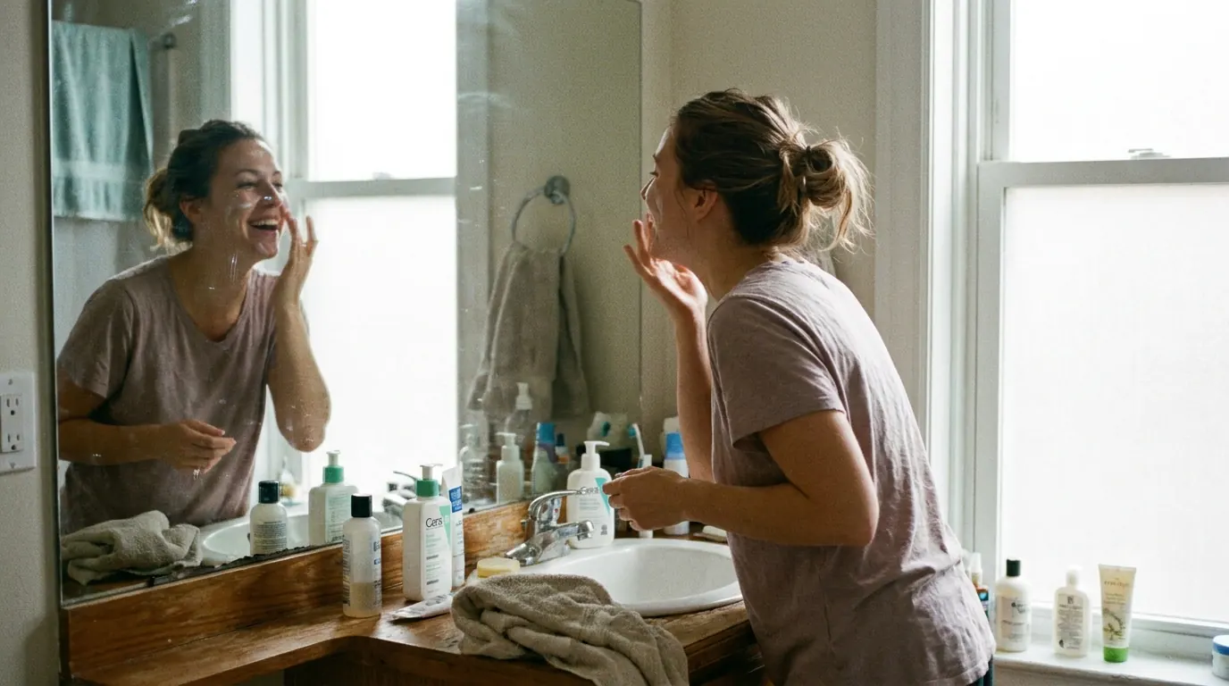 Candid photograph of a woman applying skincare in her bathroom mirror in natural window light