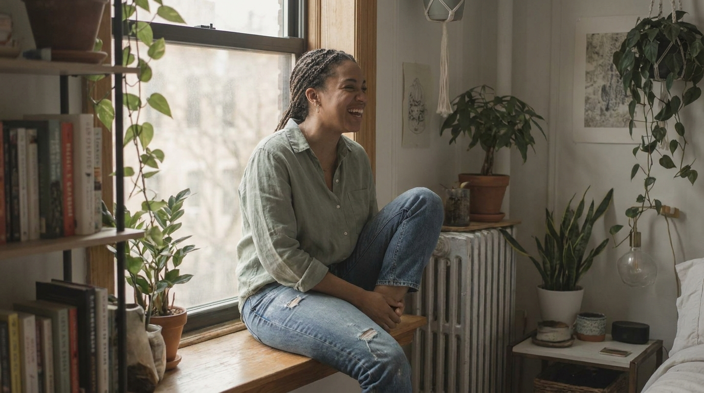 Woman laughing on a plant-filled window seat, shadows lifted to soft grey and highlights pulled down for a flat filmic range