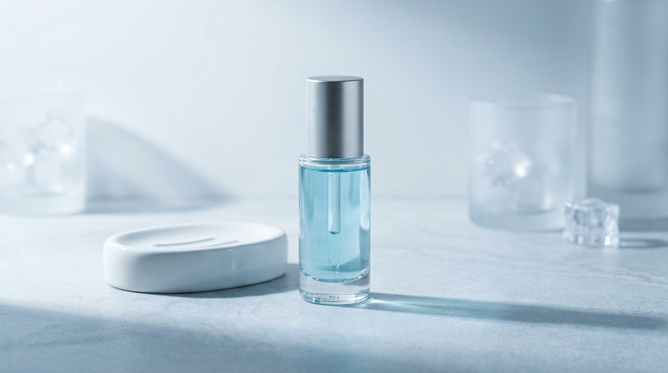 Pale blue serum bottle on a cool grey stone surface with frosted glass and ice, every white reading cool rather than warm