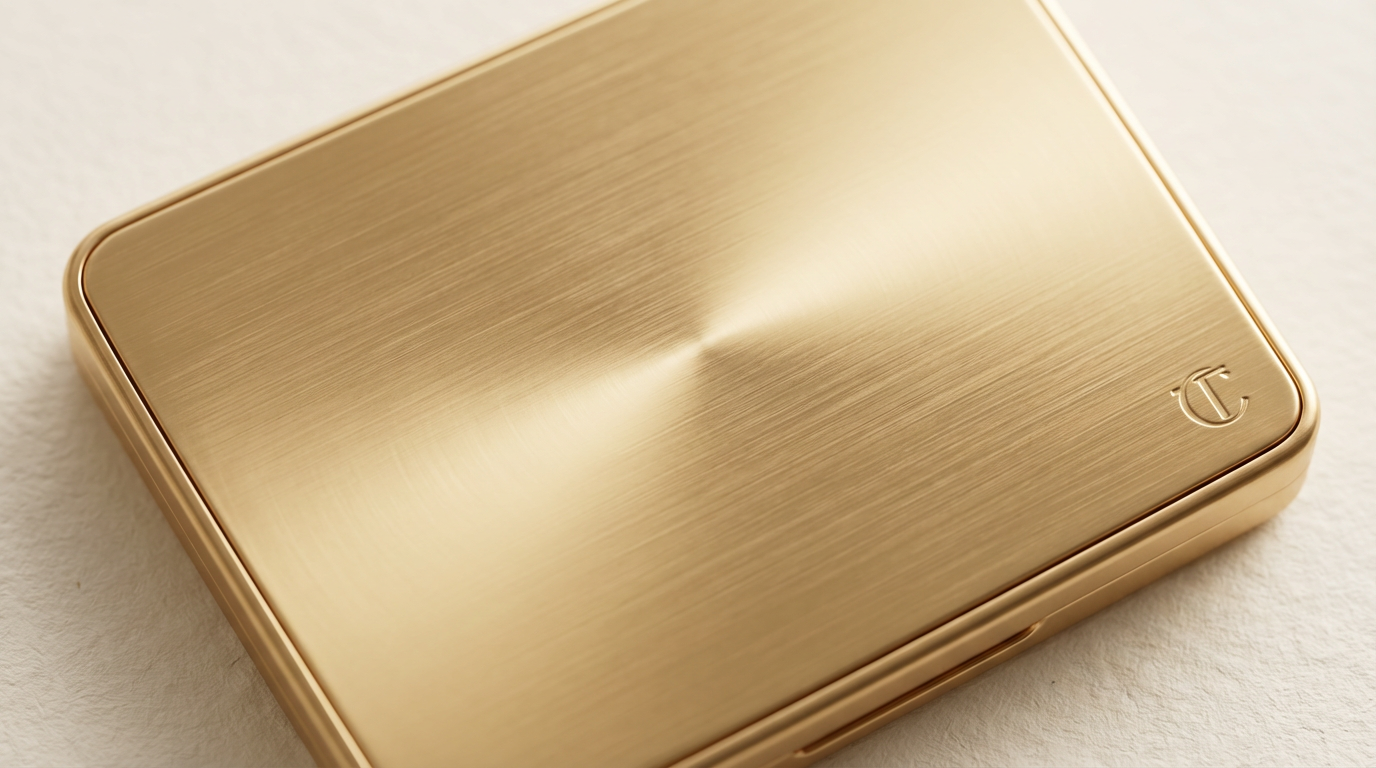 Brushed gold compact case on off-white fabric with a radial satin sheen and no single bright specular point
