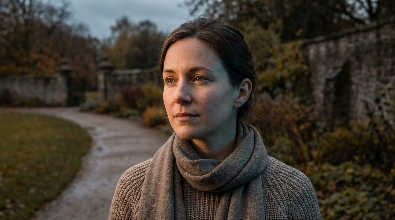 Woman outdoors at dusk with warm light on one side of her face and a faint cool-blue shadow on the other