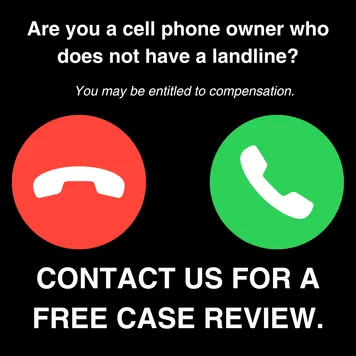 funny ugly ad on a black background with giant red hang-up and green answer call buttons above a free case review line