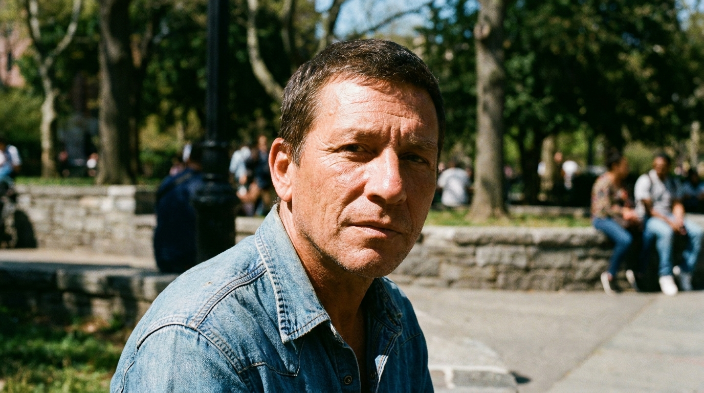 Man in a denim shirt sitting in a park under harsh midday sun, the lit side of his face bright with detail and the shadow side dark but still textured