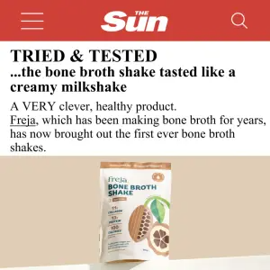 Editorial-style ad mimicking a tabloid product review of a bone broth shake