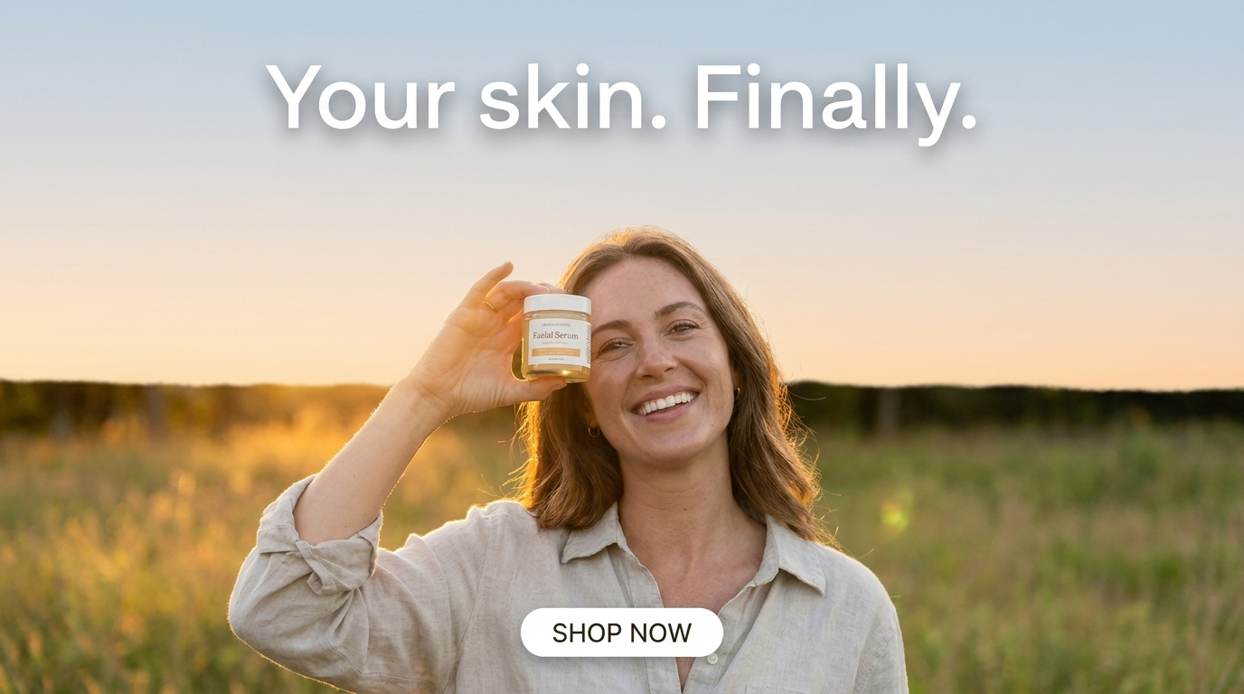 Serum ad with 'Your skin. Finally.' in white across a clean gradient sky above the subject and a white Shop Now pill below
